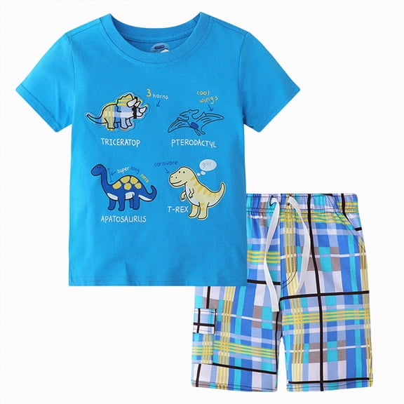 TOWED22 Infant Toddler Baby Boy Summer Outfits 2pcs Round Neck Short Sleeve Shirt Tee Dinosaur Graphic Pocket Shorts Clothes(Blue,6-7 Y)