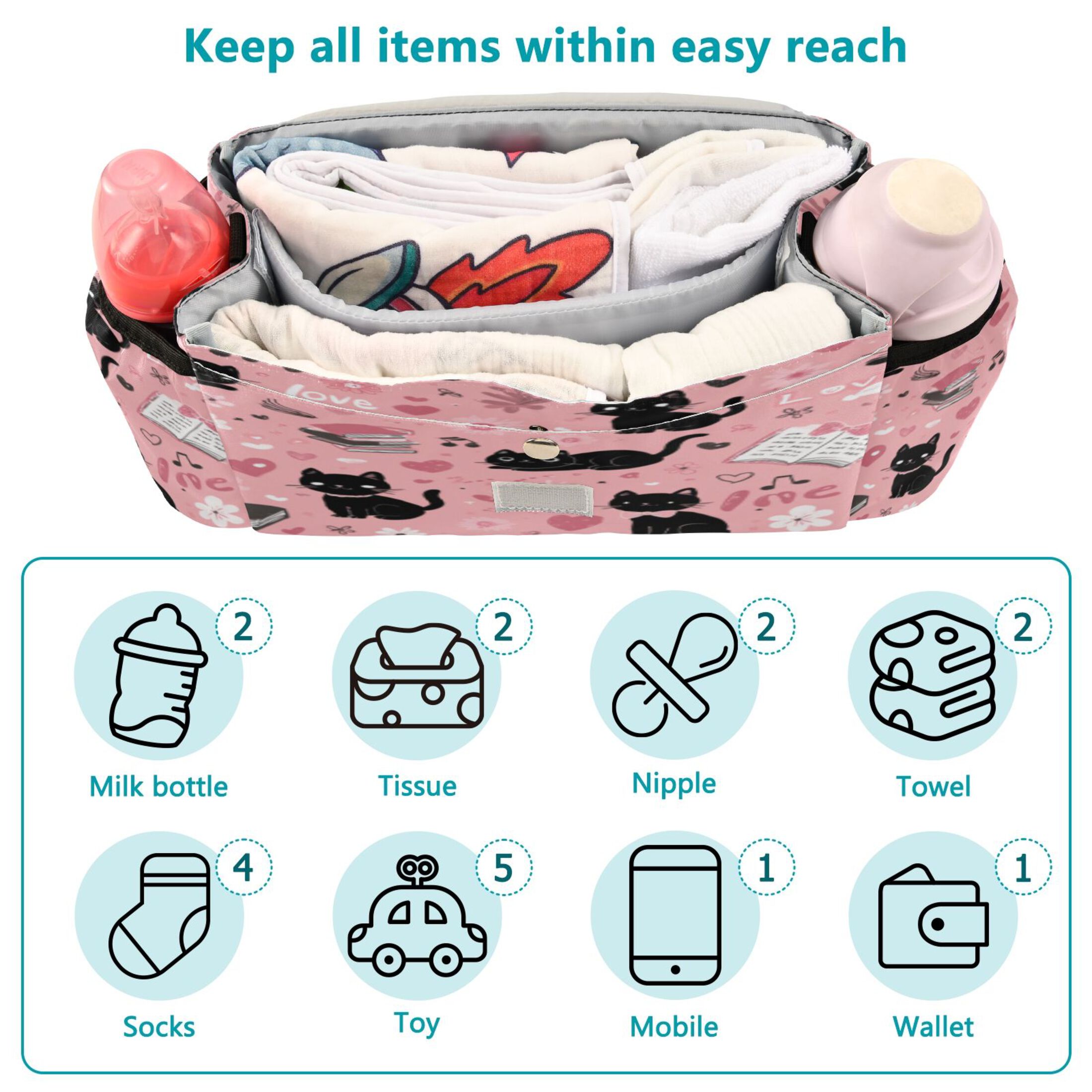 DIXRUYEE Stroller Organizer Pink Cat - Filled Literary Love Printed
