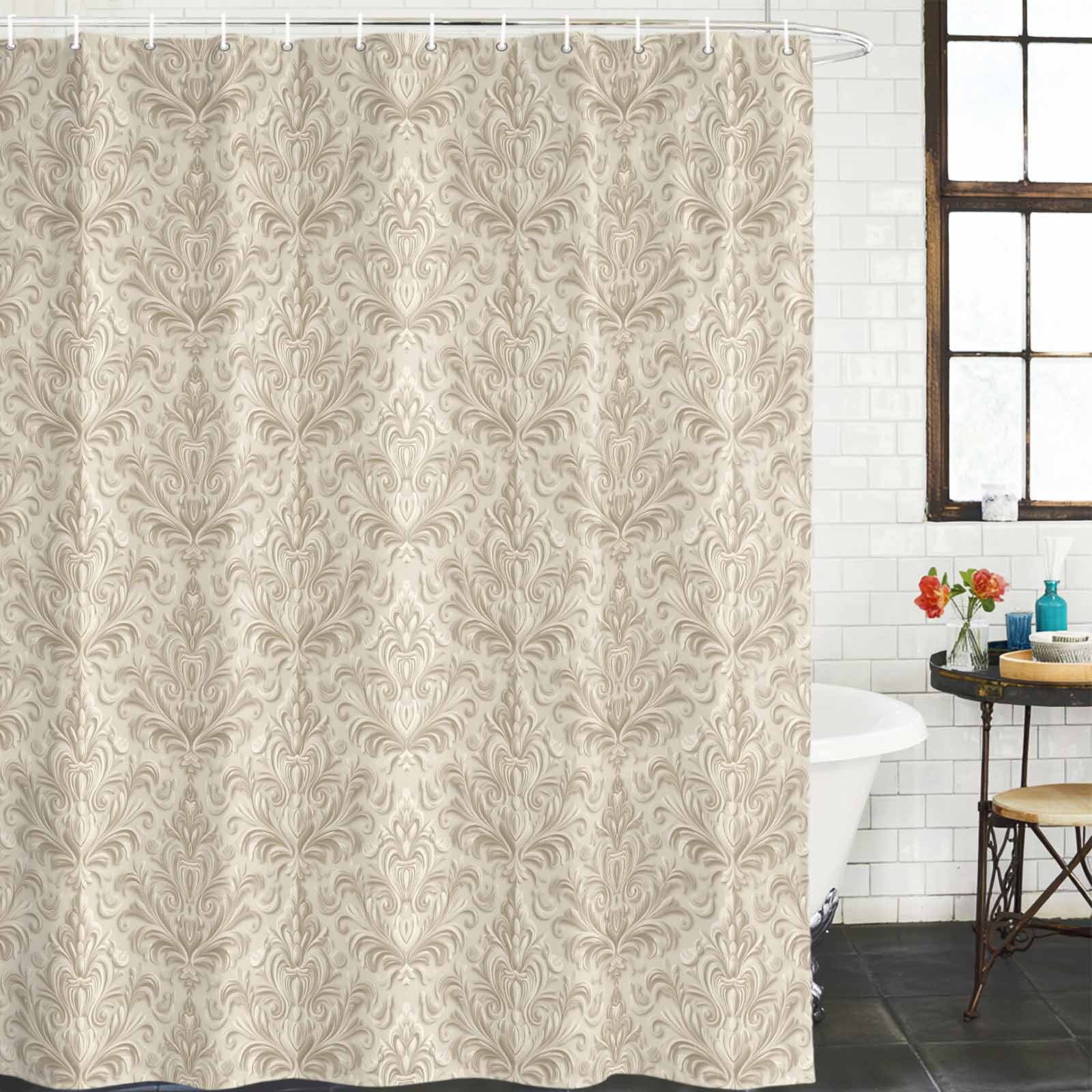 Beige Baroque Shower Curtain Set, Waterproof Shower Curtains for Bathroom, Farmhouse Scroll Floral Pattern Art Washable Fabric Cloth Bath Curtain for Bathtub Decoration with Hooks 72x78 Inches