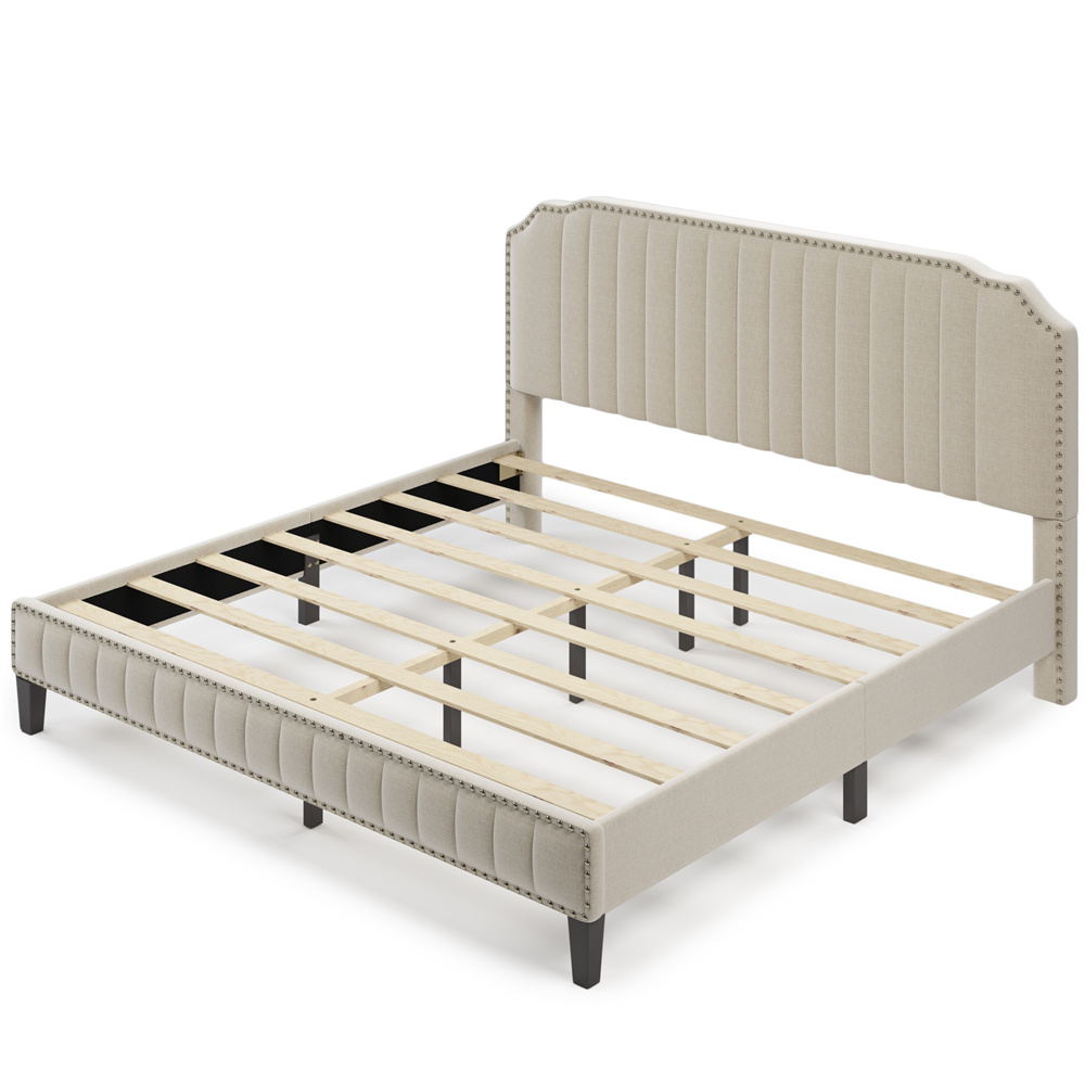 UHOMEPRO Modern Upholstered Platform Bed with Headboard, Heavy Duty King Bed Frame with Solid Wood Slat Support for Adults Teens Children, No Box Spring Required, Cream, CL199 - image 4 of 10