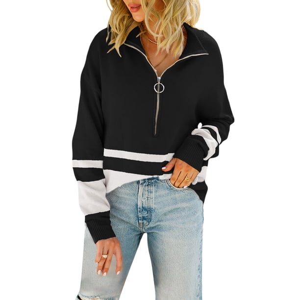 VISgogo Mujer Otoño Invierno Jersey de Punto Manga Larga Solapa Cremallera Patchwork Sudadera VISgogo moda