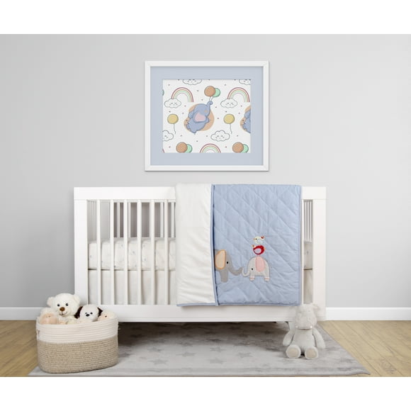BabyFad Elephant Diamond Blue 100% Cotton 3 Piece Baby Crib Bedding Set