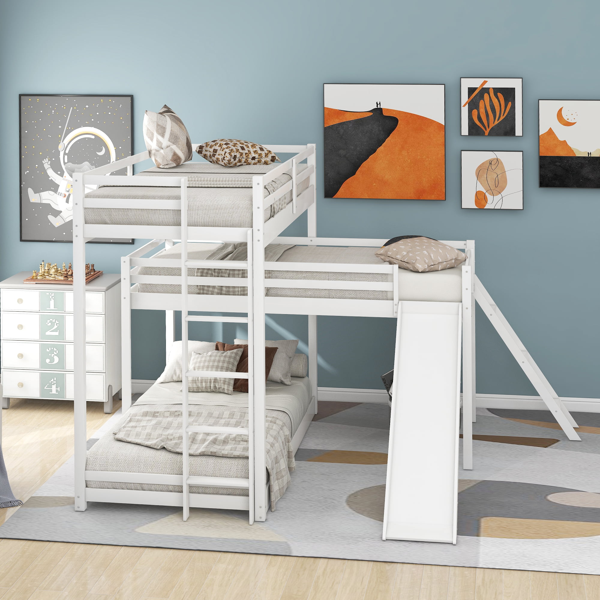 L Shaped Wood Triple Bunk Bed Frame, How To Attach Bunk Beds Together