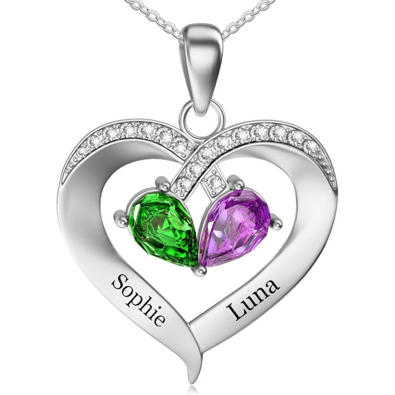 Personalized Name Necklace With Simulated Birthstones Custom Promise Necklace Heart Pendant With Engraved Names - Christmas Anniversary Birthday Jewelry Gifts For Women Mom Grandma Wife[o617]