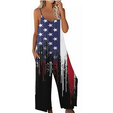 

LWZWM Jumpsuits for Women Baggy Overalls Rompers Summer Loose Sleeveless V Neck Jumpsuit Flag Print Suspenders Rompers Independence Day Loose Jumpsuit Wide Leg Pant Romper With Pocket Black XL