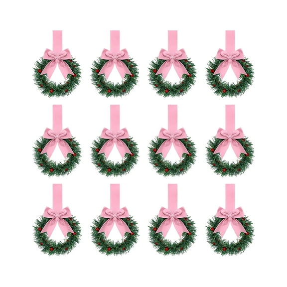 12 PCS Mini Wreaths for Cabinets Christmas Wreath Decorations, Christmas Kitchen Cabinet Wreaths with Berry & Red Velvet Bow Ribbon Mini Xmas Hanging Garlands for Window Door Home Decor