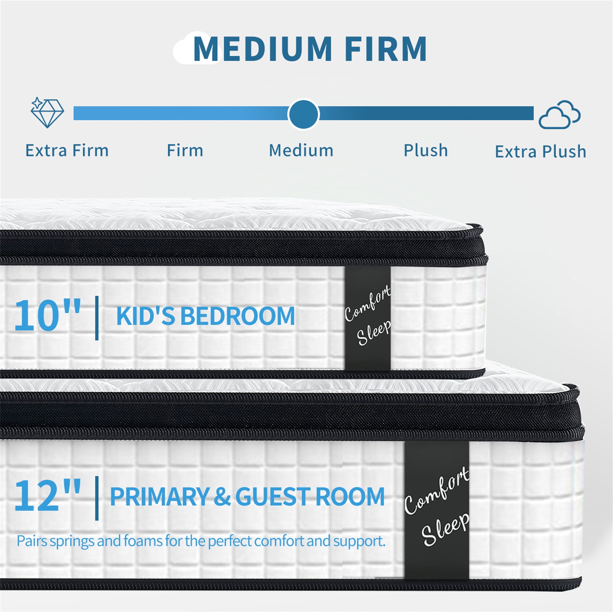 Miniyam Mattress for Adults, 12" Medium Plush Memory Foam with Pocket Springs, Queen