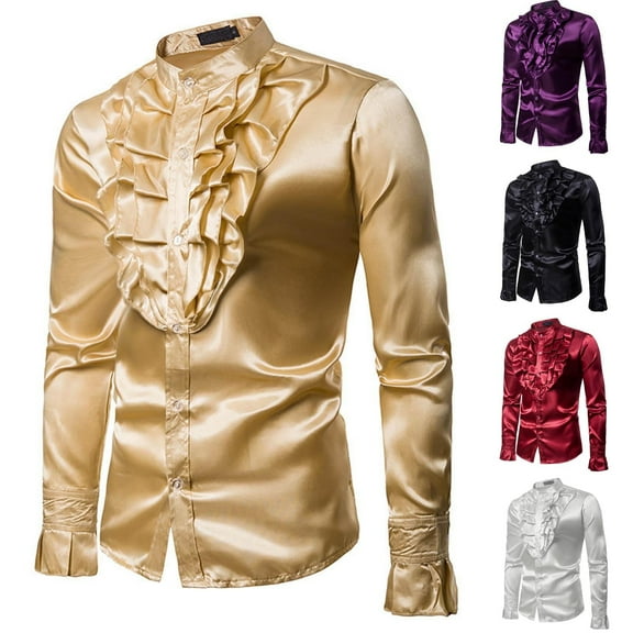 Hinvhai Men's Vintage Dress Shirt Solid Long Sleeve Ruffle Chest Stand Collar Button Down Retro 90S Party Blouse Top White 10(XL)