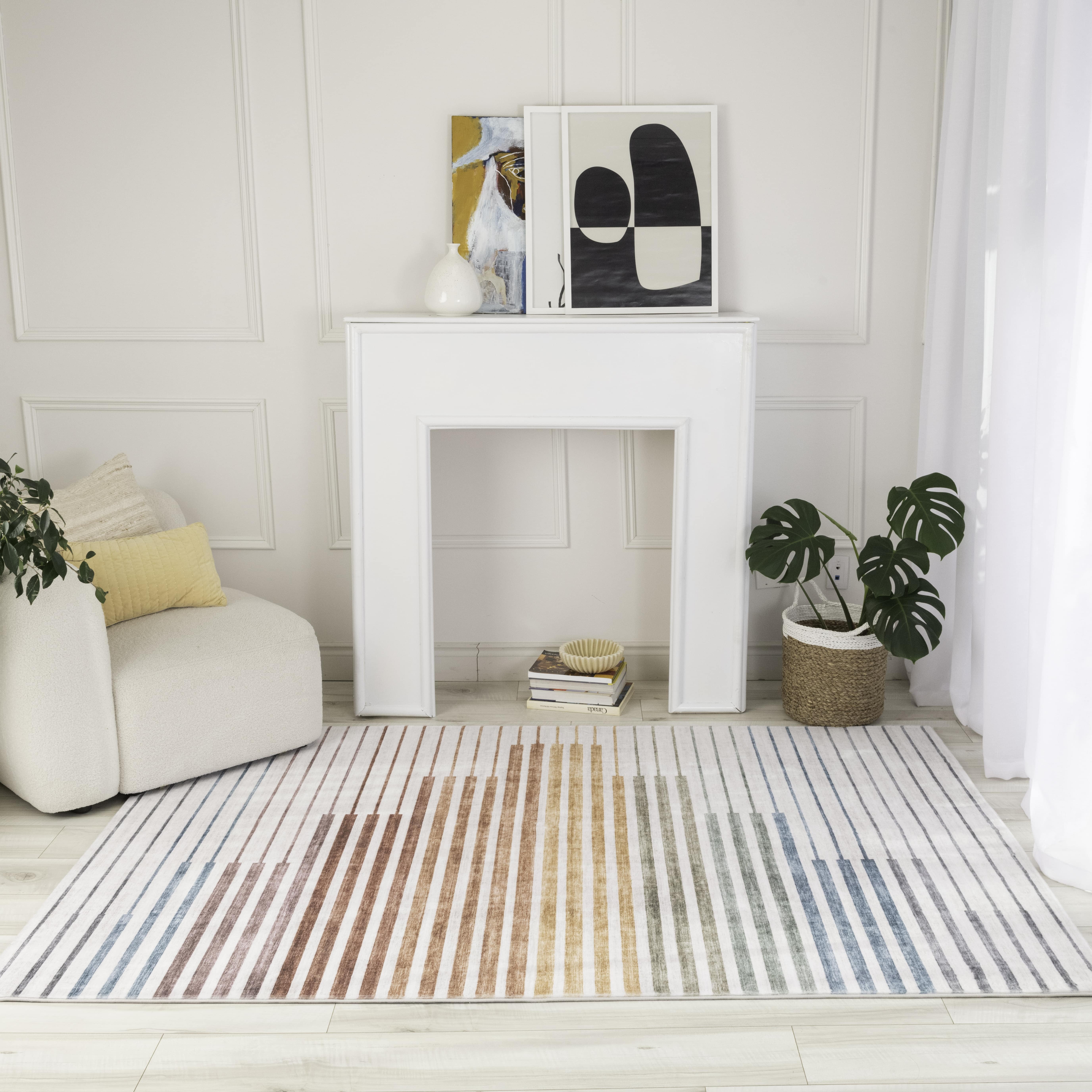 Tapis d'interieur a rayures colorees Eclipse Branch, arc-en-ciel, blanc beige, abstrait - Salon, chambre, salle a manger et bureau