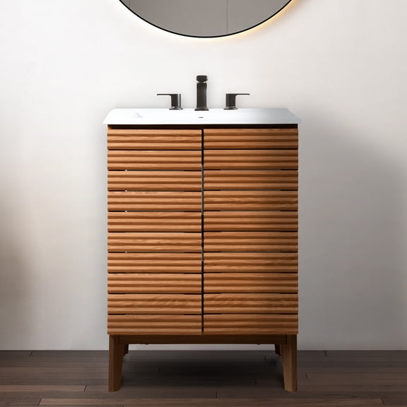 JONATHAN Y Calandre 24 in. W x 18 in. D x 33 in. H, Thin Linear Slat 2-Shelf, Bath Vanity Cabinet ONLY, Walnut, VAN1005B