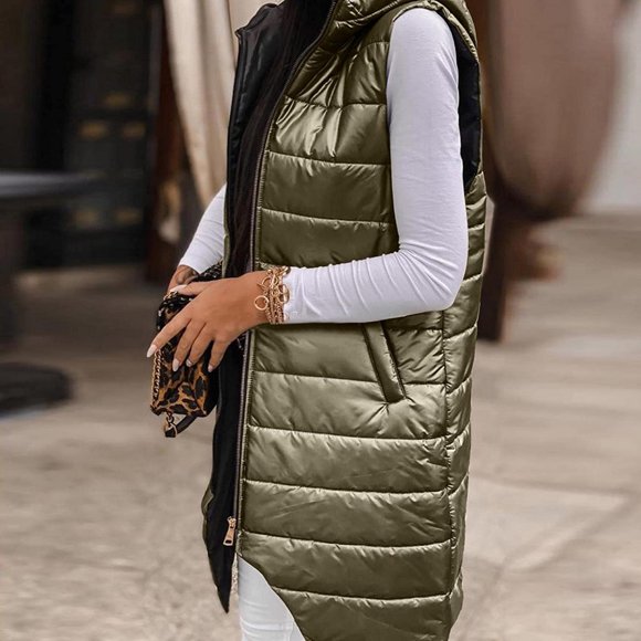 Drppepioner Ladies Solid Color Hooded Vest Zipper Sleeveless Pocket Mid-Length Jacket