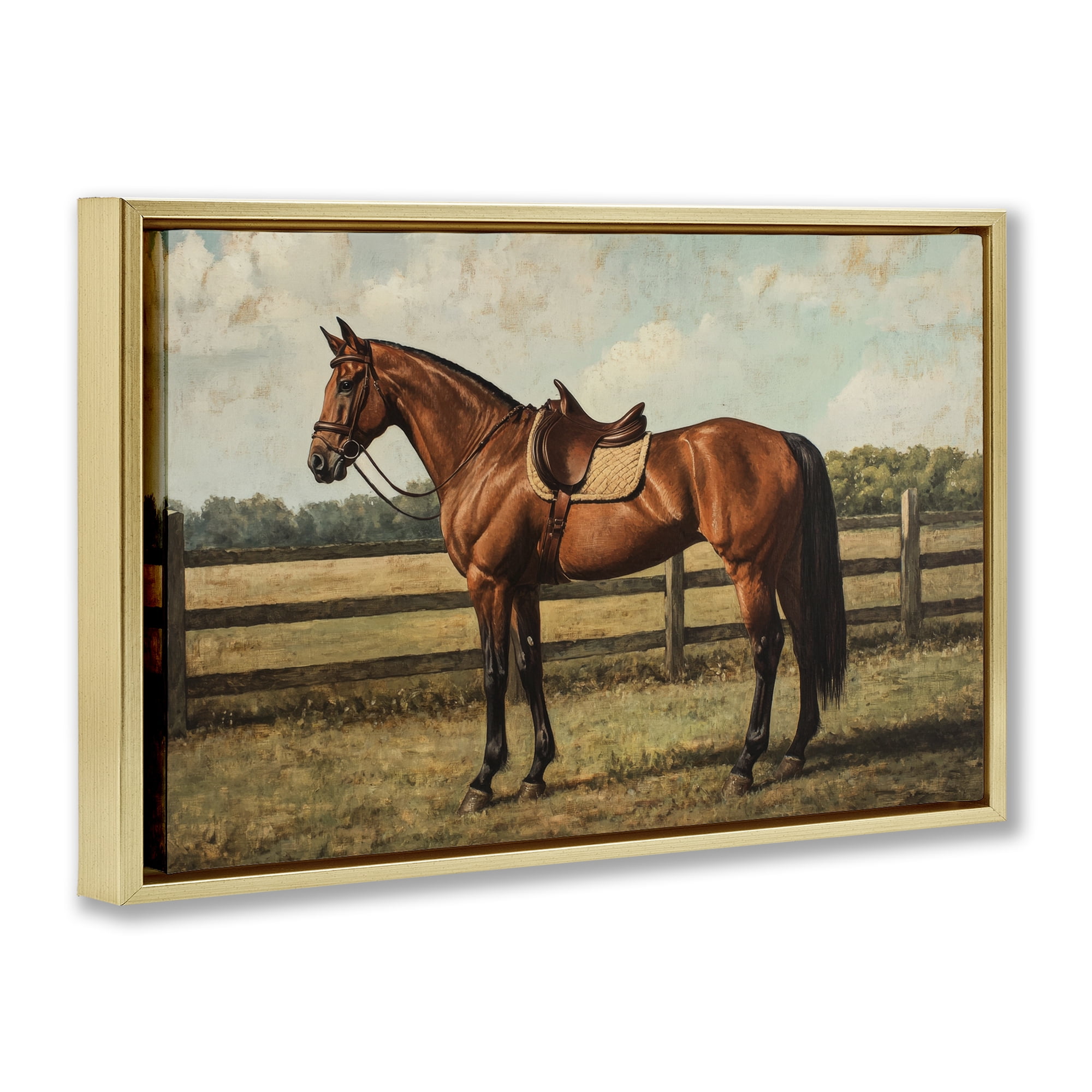 Stupell Industries Chocolate Stag Saddled in Pasture Gold Framed Floater Canvas Wall Art, design by Petal Prints Design