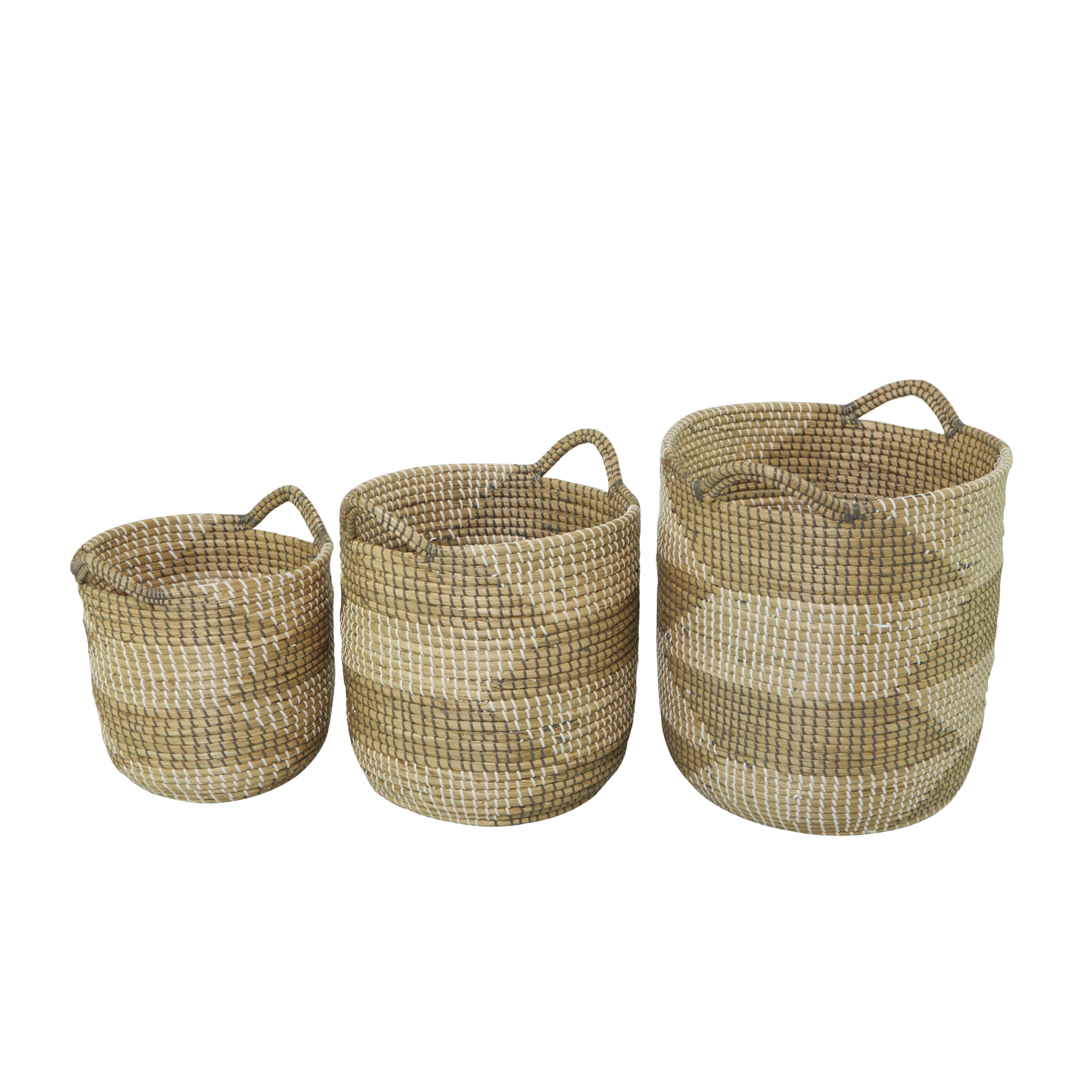CosmoLiving by Cosmopolitan 19", 16", 13"H Brown Seagrass Handmade Two Toned Storage Basket with Handles, 3-Pieces