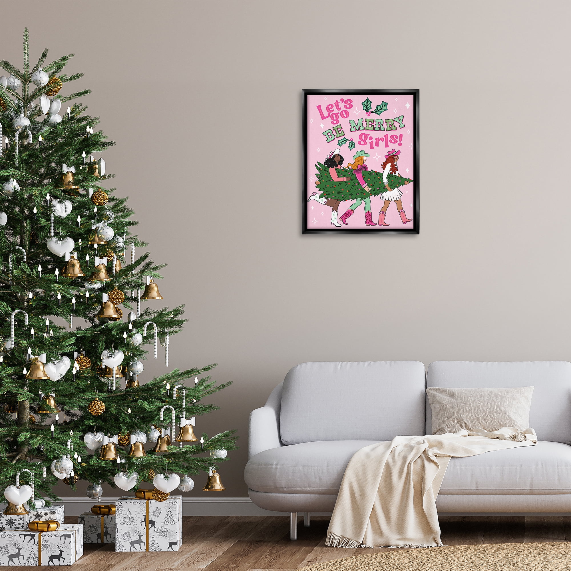 Stupell Industries Be Merry Christmas Cowgirls Holiday Painting Black Floater Framed Canvas Art Prints Wall Art, 25 x 31