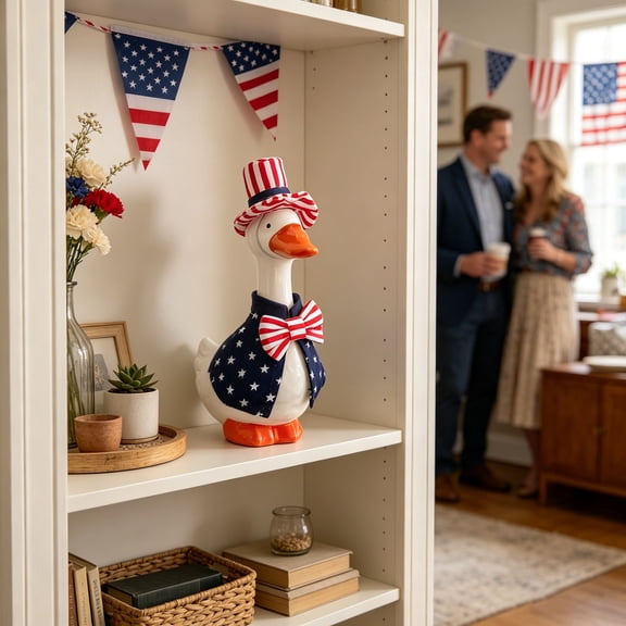 Patriotic Porch Goose Outfit 4th of July Desk Goose Clothes Set with USA Flag Hat and Star Cape USA 250th Anniversary Cement Goose Decoration for Independence Day 1776-2026 Celebration Parties Decor