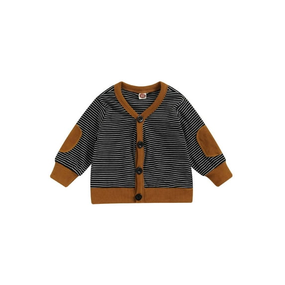 Seyurigaoka Baby’s Casual Long Sleeve Cardigan Fashion Stripe Printed Patch V-neck Button down Coat