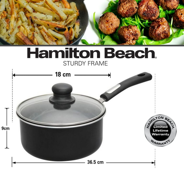 Hamilton Beach Nonstick Covered Sauce Pan 3-Qt - Black Aluminum Saucepan  with Soft Touch Bakelite Handle & Glass Lid - Flared Edge - Spiral Bottom