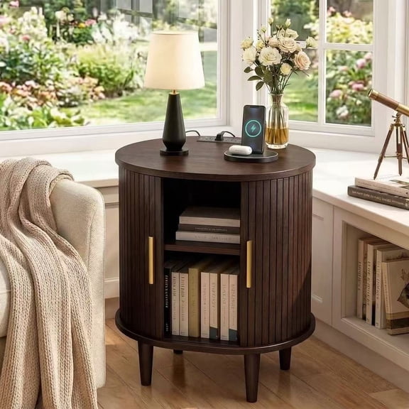Aisword Nightstand with Charging Station, Fluted Accent Side Table with Sliding Door and Adjustable Shelf, End Table for Small Space, Brown