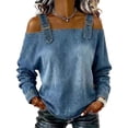 thumbnail image 2 of SSZMDLB Women Square Neck Long Sleeve Cold Shoulder Tops Casual Basic T Shirt Solid Summer Beach Outfits Streetwear, Blue 2XL, 2 of 5