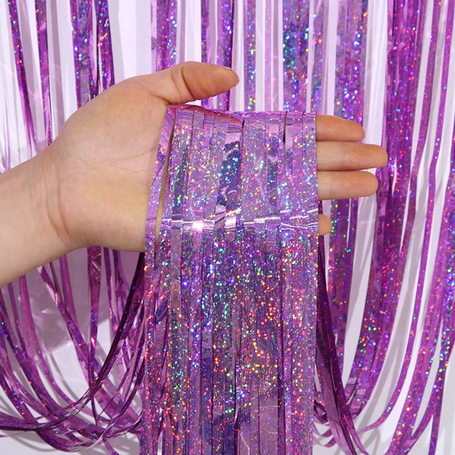 1 cortina de seda con forma de lluvia láser de 2 metros, fondo para fiesta de cumpleaños, decoración, accesorios, borlas, cortina de puerta, fondo de pared