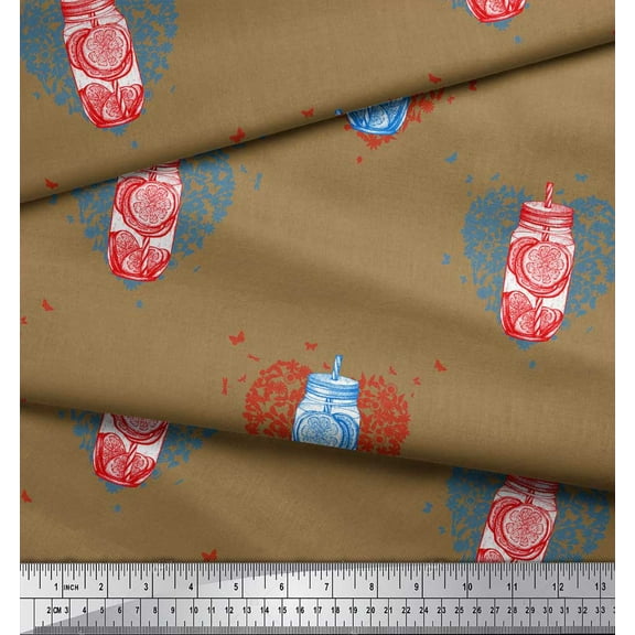Soimoi Brown Crepe Silk Fabric Heart & Lemon Juice Jar Beverages Print Fabric by the Yard 42 Inch Wide