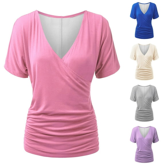 Sentmoon Womens Pleated T-Shirts V Neck Short Sleeve Tops Comfy Casual Basic Oversized Summer Tops For Women 2025 Up to 40% Off