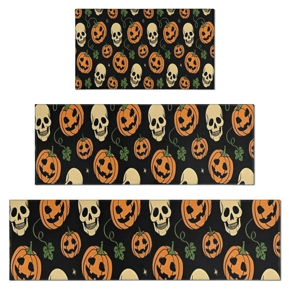 Skull Pumpkin Halloween Pattern Kitchen Rugs Sets Of 3,Kitchen Runner Rugs Non Skid Washable,Decorative Kitchen Floor Mats for Kitchen,Sink,Laundry,17"x30" 17"x47" 17"x59"