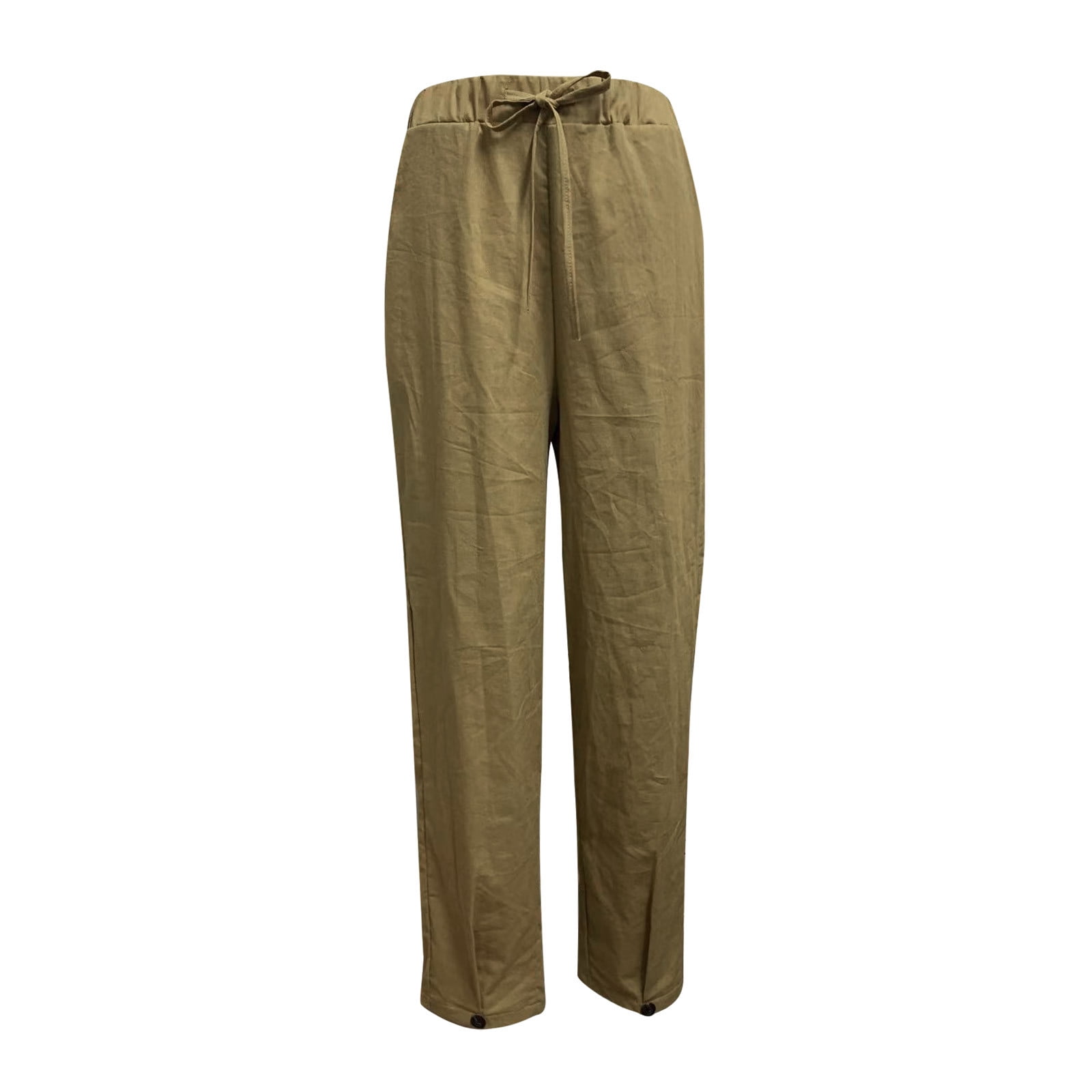 Cotton Linen Pants for Women Elastic Waist Drawstring Straight Leg