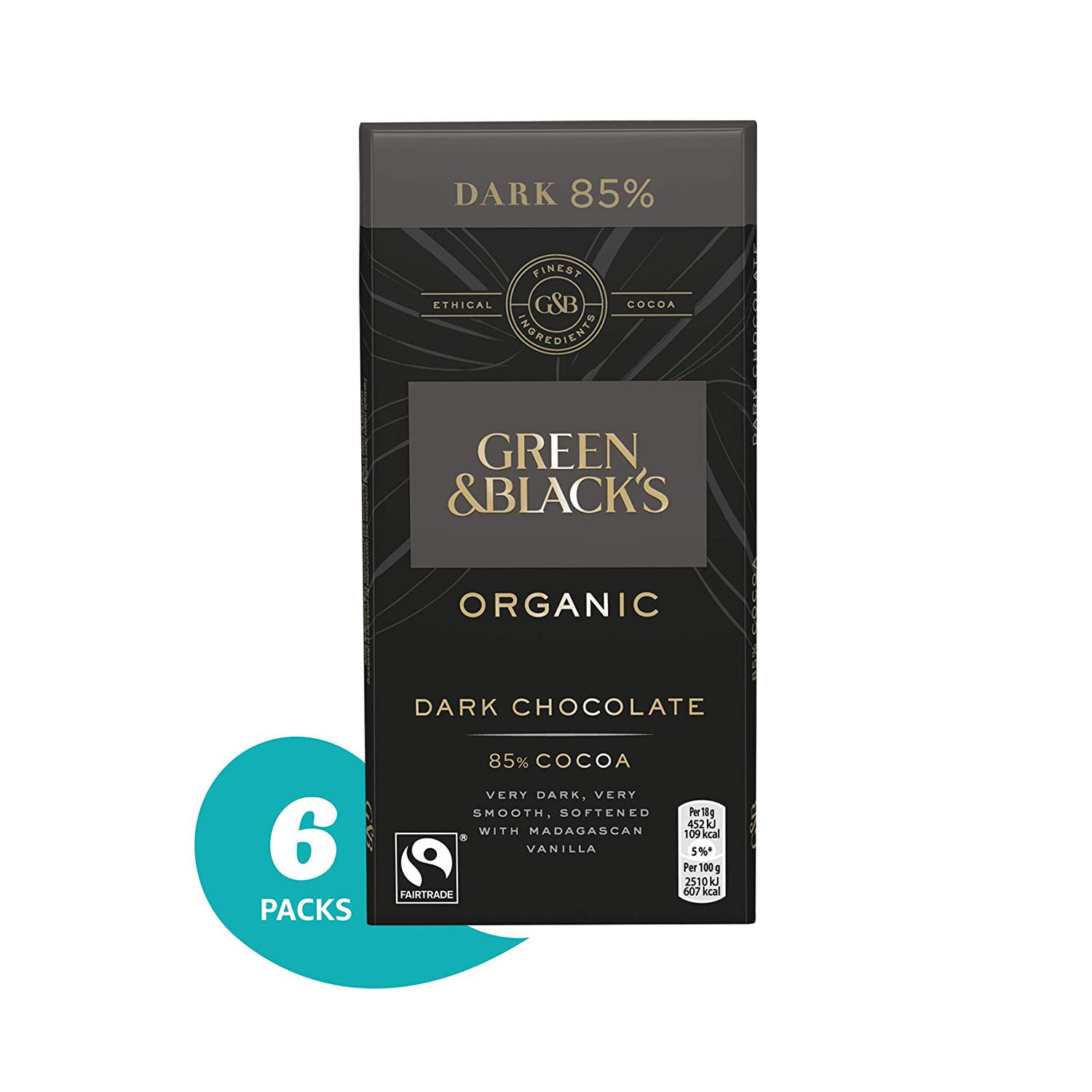Green & Black's Organic 85% Dark Chocolate Candy Bars, 6 Count ...