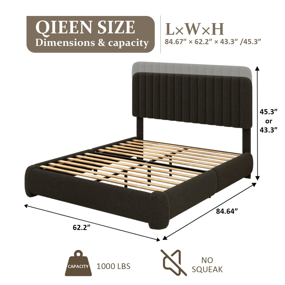 VIPLOV Queen Size Boucle Bed Frame, Upholstered Cloud Platform Bed Frame with Adjustable Headboard, No Box Spring Needed, Noise Free Design, Easy Assembly, Black
