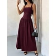 thumbnail image 3 of Petite Womens Maroon Solid Square Neck Ruched Flared Maxi Dress For Spring Summer, 3 of 8