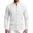 thumbnail image 3 of Atkumj Mens Linen Shirts Fashion Stand Collar Chest Pocket Button Down Shirt Casual Solid Color Long Sleeve Shirts L, 3 of 10