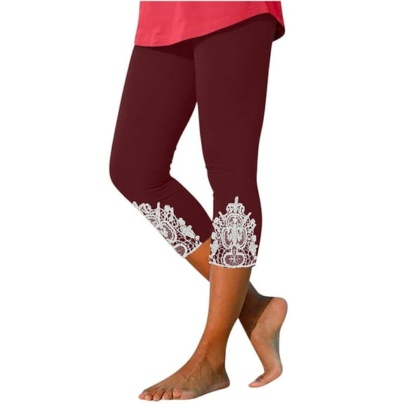 ZVAVZ Womens Capris Pants Stretch,Womens Lace Stitching Knee Length Leggings High Waisted Workout Sweat Pants Casual Workout Yoga Capri Leggings Limited Time Deals Wine,3XL