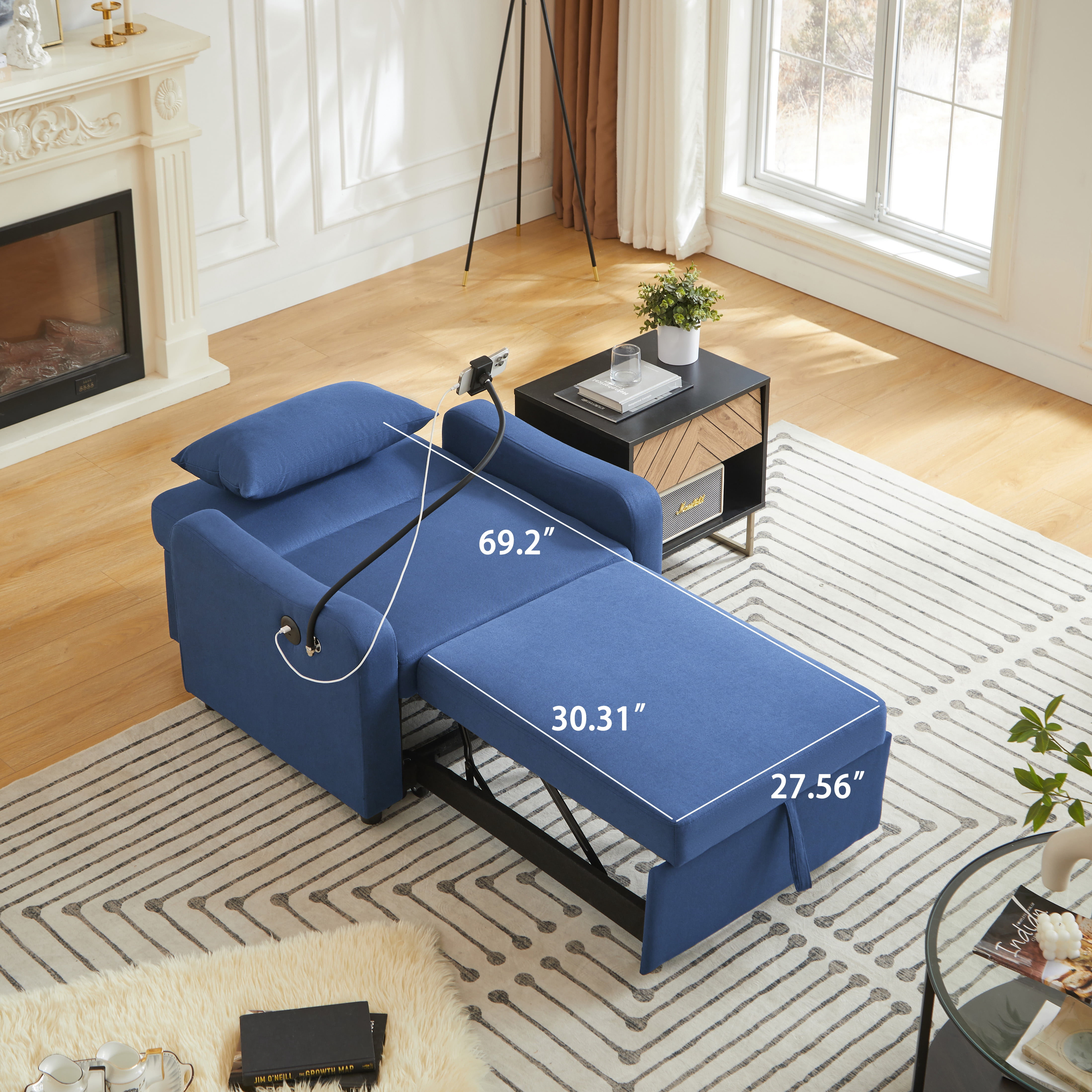 Leumius Convertible Sleeper Sofa Chair Bed,3 in 1 Linen Single Sofa with USB Port and Phone Holder,Pull Out Couch Recliner with Adjustable Backrest for Living Room, Office, Small Place,Dark Blue