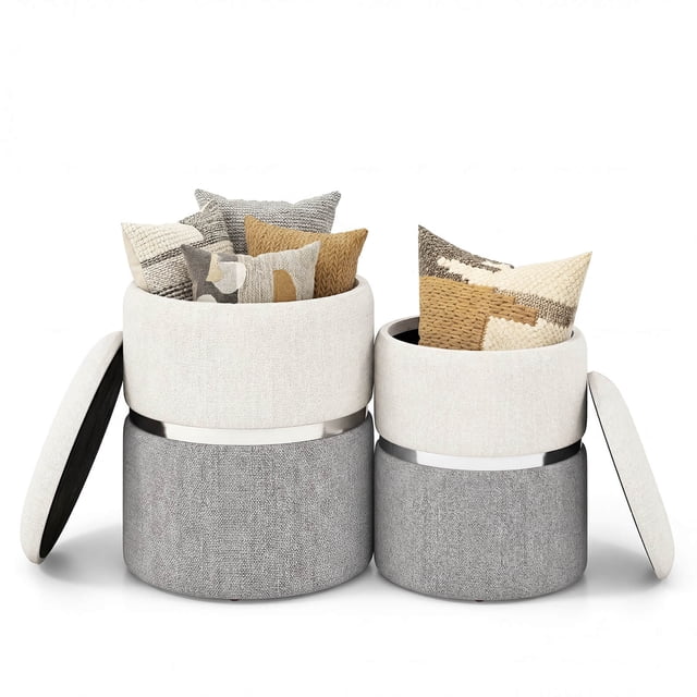 Costway Pouf de Rangement en Tissu de Lin, Ensemble de 2, Pouf Rond Moderne avec Rangement pour Chambre