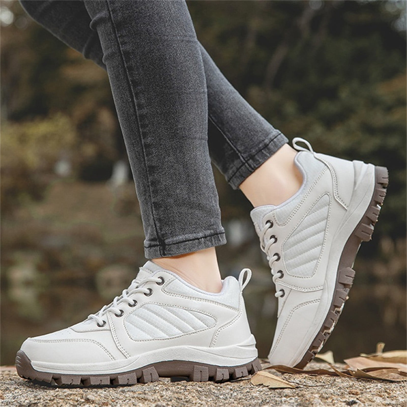 XIMIN Men Women's Hiking Boots Lightweight Breathable Non-Slip Waterproof Casual Low-Top Sneakers for Trailing Trekking Outdoor Leather Walking Shoes (7.5, White)