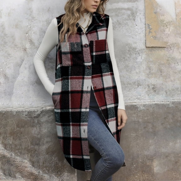 BLTIBY Wool Plaid Printed Vest for Women Fall Winter Long Sleeveless Blazer Trench Coat Button Down Lapel Casual Waistcoat Jackets Wine M