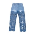thumbnail image 6 of Women's High-Rise Jean Lace Denim Pants High Waisted Hollow Out Asymmetric Floral Patchwork Ripped Straight Leg Jeans Trouser Pants, 6 of 8