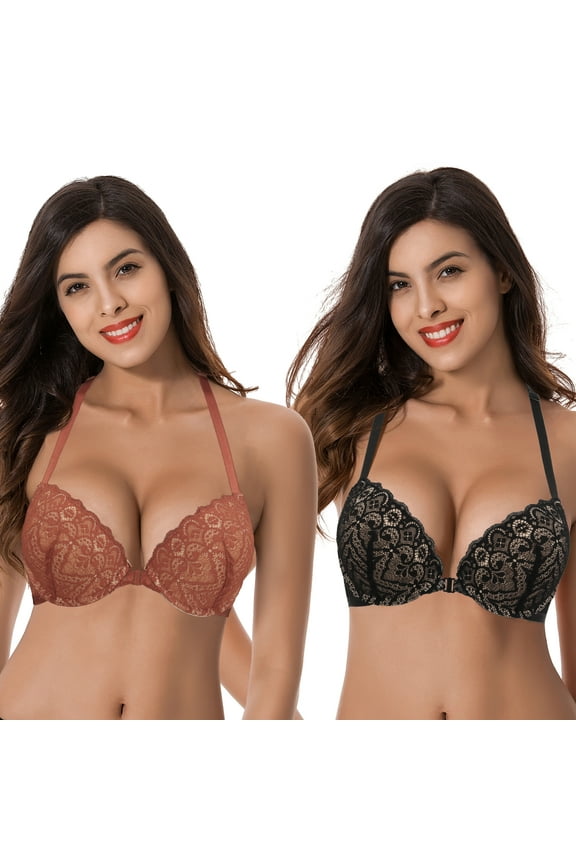 Womens Push Up Add 1 and a half Cup Underwire Halter Front Close Bras -2PK-Rust,Black-32B