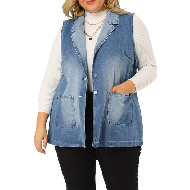 Women's Plus Size Denim Vests Sleeveless Relax Notched Lapel Vest Blue 2X