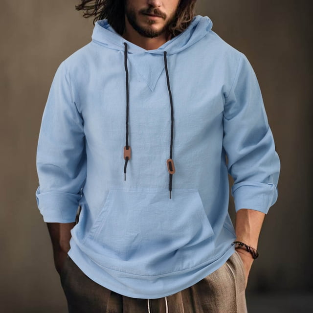 pstuiky camisa de manga larga para hombre, Sudadera con capucha y bolsillo de manga larga holgada informal de colores sólidos para hombre salir tops m
