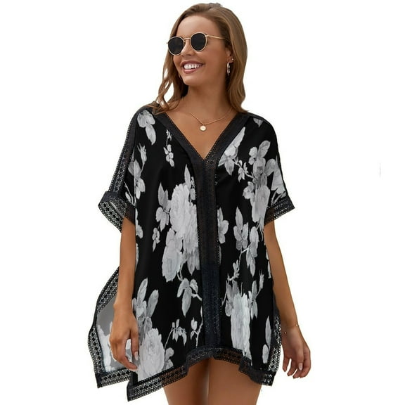 Black And White Roses Printed Women's Swimsuit Cover Up Summer Swimsuit Dress