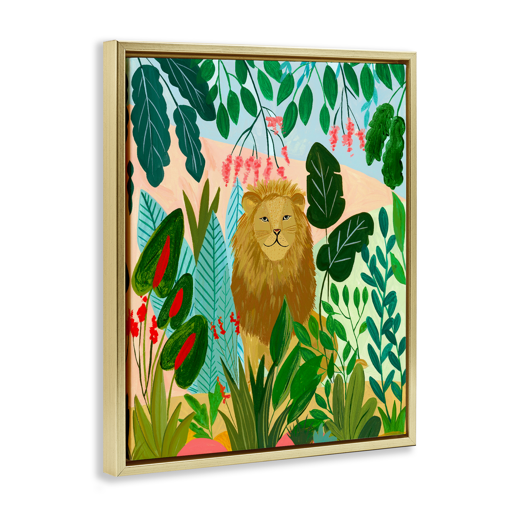 Stoic Lion Tropical Forest Gold Framed Floater Canvas Wall Art, design by Nabeela Rumi