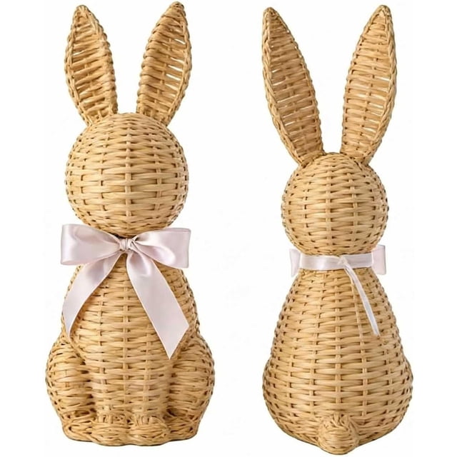 Aufmer Easter Bunny Garden Statues, 3 Piece Rattan Effect Resin Rabbit Figurines with Bows, Wicker Look Spring Decor for Table Centerpieces Mantel, Indoor Outdoor Patio Yard Art 3.9 5.9 9.8 Inch