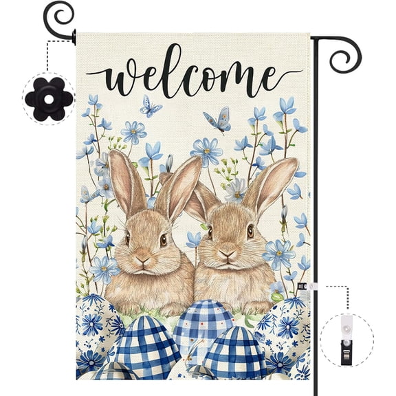 Welcome Easter Garden Flag 12.5 x 18 Inch, Double Sided Burlap Bunny Blue Eggs Floral Rabbits Farmhouse Small Yard Flag Seasonal Holiday Spring Easter Outdoor Decor