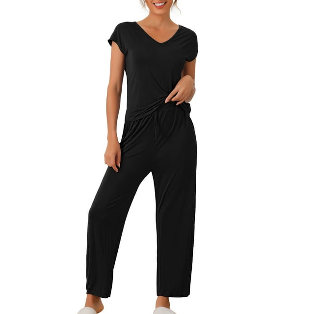 INSPIRAR CHIC Conjunto Casual de Modal de Manga Corta para el Día de la Madre 2 Piezas Pijama Pantalones Largos Sweatsuit XS Negro
