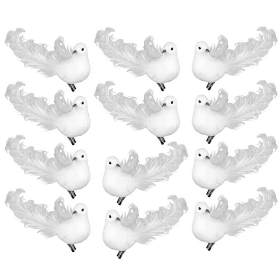 Holzlrgus Artificial White Doves(12 Pack), White Doves Decoration with Metal Clips, White Feathered Mini Birds Clip on Tree Ornaments for DIY Crafts Christmas Ornaments, Wreaths, Wedding Decor