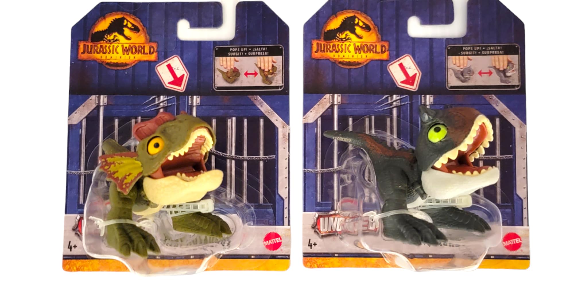 Jurassic World 2023 Wild Pop Ups Uncaged Set of 4 Figures (Tyrannosaurus Rex, Carnotaurus, Dilophosaurus, Velociraptor Blue) from HFR10-956A Release