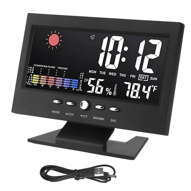 Reloj con pronóstico del tiempo, pantalla LED a color ABS, multifuncional, con alarma de temperatura y humedad, color negro