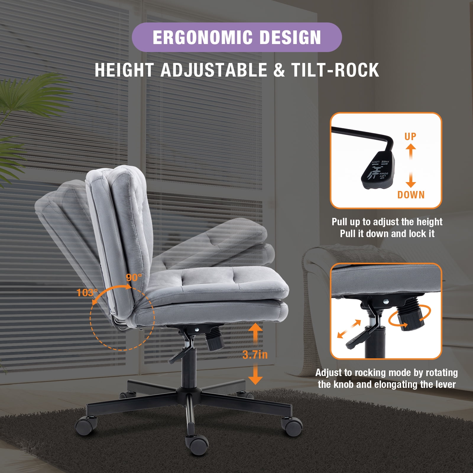 Criss Cross Legged Chair Ergonomic Home Office Desk Chair with Casters, Armless Wide Comfy Computer Task Seat Swivel Rolling Vanity Chair with Height Adjustable and Rocking Function, Gray
